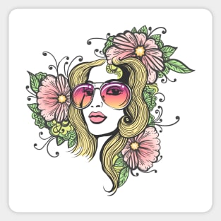 Hand Drawn Girl Face with Flowers Sticker